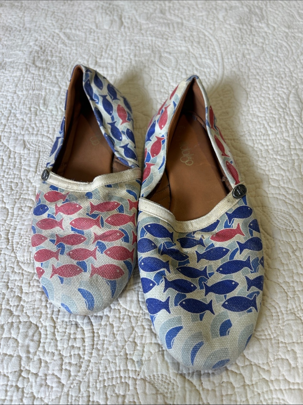 Women's Fish Print Canvas Flats in Blue & Red